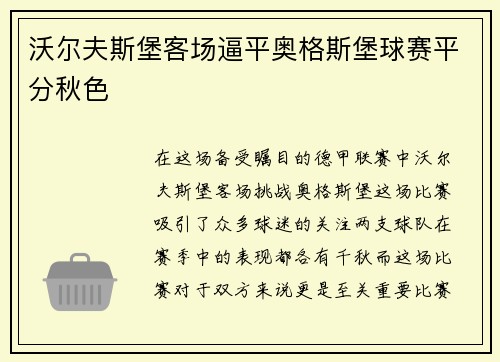 沃尔夫斯堡客场逼平奥格斯堡球赛平分秋色